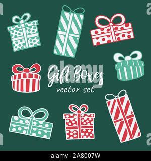 Vector hand drawn doodle illustration of Christmas gift boxes set. New Year and Christmas presents in dotted and striped wrapping paper with a bow. De Stock Vector