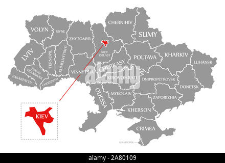 Kiev red highlighted in map of the Ukraine Stock Photo