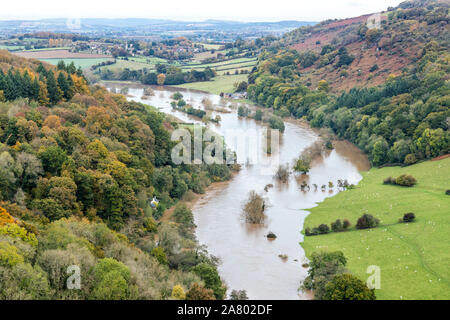 The River Wye in flood  below Coppett Hill on 28.10.2019 viewed from Symonds Yat Rock, Herefordshire UK - The flooding was due to heavy rain in Wales. Stock Photo