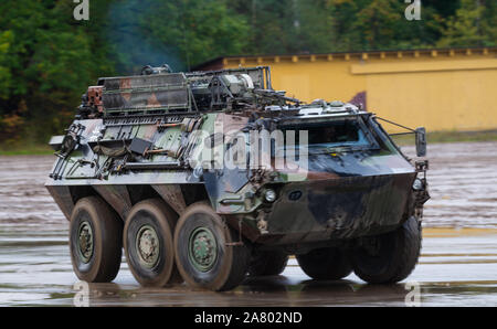 Munster, Germany. 11th Oct, 2019. A Fuchs type armoured wheeled vehicle of the German Federal Armed Forces drives over the training area during the information training exercise Land Operations 2019. Credit: Philipp Schulze/dpa/Alamy Live News Stock Photo