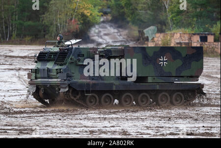 Munster, Germany. 11th Oct, 2019. A rocket launcher of the German Federal Armed Forces of the type Mars, drives during the information training exercise land operations 2019 on the training area. Credit: Philipp Schulze/dpa/Alamy Live News Stock Photo