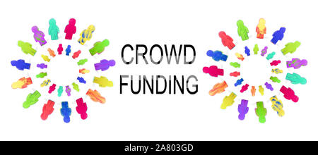 Header, circles with wooden figures, word crowdfunding, concept crowd funding and investment, isolated Stock Photo