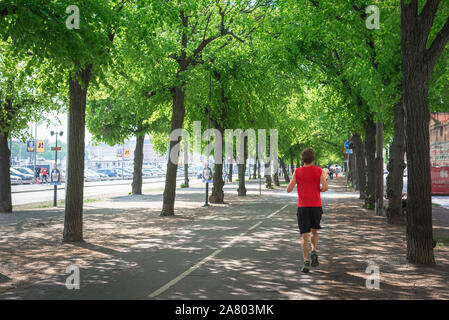 Man running, rear view in summer of a young man in a red shirt running in a tree lined avenue, Strandvagen, central Stockholm, Sweden Stock Photo