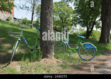 EU bike, view of two EU funded cycle scheme bikes in a park in Stockholm, Sweden. Stock Photo