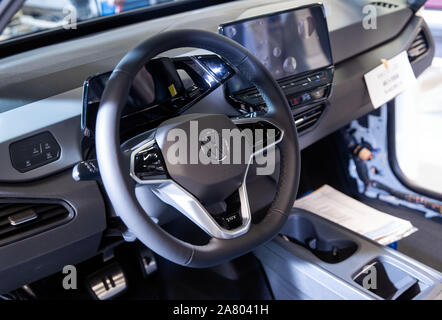 Zwickau, Germany. 04th Nov, 2019. The cockpit of the electric car ID.3. The car is standing on the assembly line at the VW factory. The vehicle is part of the new ID series with which Volkswagen is investing billions in e-mobility. The Zwickau plant was rebuilt for production in Zwickau. Credit: Jens Büttner/dpa-Zentralbild/ZB/dpa/Alamy Live News Stock Photo