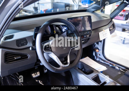 Zwickau, Germany. 04th Nov, 2019. The cockpit of the electric car ID.3. The car is standing on the assembly line at the VW factory. The vehicle is part of the new ID series with which Volkswagen is investing billions in e-mobility. The Zwickau plant was rebuilt for production in Zwickau. Credit: Jens Büttner/dpa-Zentralbild/ZB/dpa/Alamy Live News Stock Photo