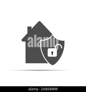 House icon, and a shield with an open lock. Flat simple design. Stock Vector