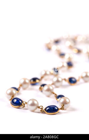 Gold,blue sapphires and pearls necklace. Stock Photo