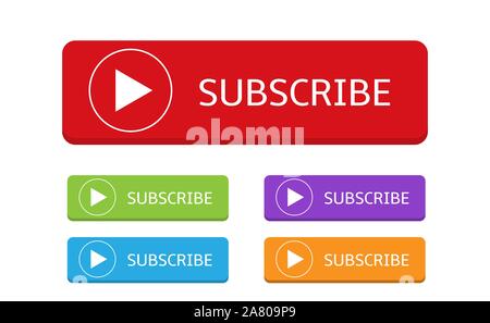Colored Subscribe banners. Subscribe buttons with white play arrow sign Stock Vector