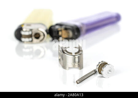 Group of two whole three pieces of plastic lighter isolated on white background Stock Photo