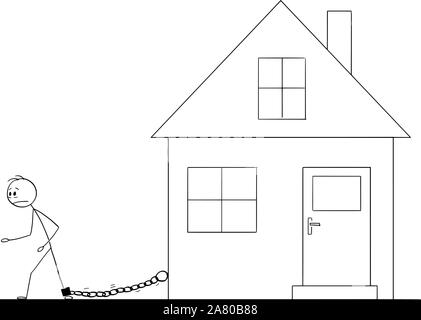 Vector cartoon stick figure drawing conceptual illustration of man chained by iron chain to his family house. Concept of housing or mortgage expenses. Stock Vector
