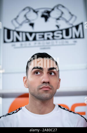 Hamburg, Germany. 05th Nov, 2019. Boxer Artem Harutyunyan at a press conference in the Box-Gym universe. Harutyunyan from Germany and his Russian opponent Dumanov fight on 09.11.2019 for the IBO International title in super light weight. Credit: Christian Charisius/dpa/Alamy Live News Stock Photo