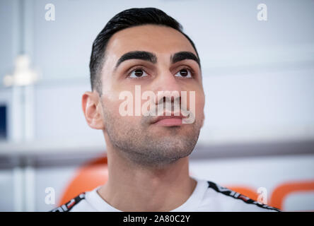 Hamburg, Germany. 05th Nov, 2019. Boxer Artem Harutyunyan at a press conference in the Box-Gym universe. Harutyunyan from Germany and his Russian opponent Dumanov fight on 09.11.2019 for the IBO International title in super light weight. Credit: Christian Charisius/dpa/Alamy Live News Stock Photo