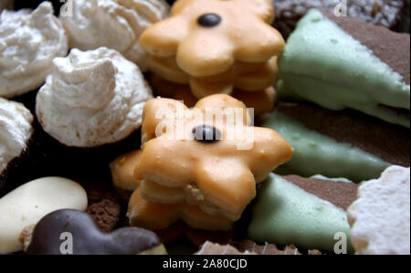 Various homemade traditional Austrian pastries biscuits cookies for christmas, wedding, birthday, party lie in a box Stock Photo