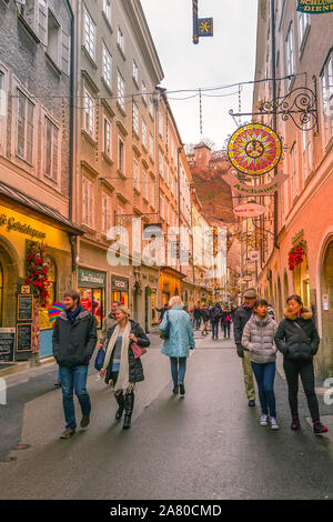 Salzburg, Austria - December 25, 2016: Historical center street view at Christmas and people Stock Photo