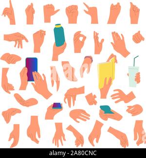 Set of many different human hand gestures, holding smart phone, book, cup, swiping screen, Isolated on white background. Stock Vector