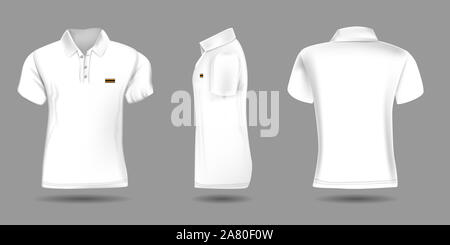 High detailed realistic polo t-shirt for your design. White color. illustration. Front back and side view Stock Photo