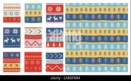 Seamless Christmas patterns. Vector design in nordic style Stock Vector