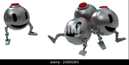 Bomb robot happy cartoon characters bunch sitting, 3d illustration, horizontal, isolated Stock Photo