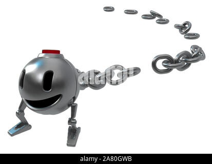 Bomb robot happy cartoon character with chain, 3d illustration, horizontal, isolated Stock Photo