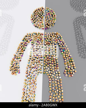 Crowd of small symbolic figures forming big person shape grey half, 3d illustration, vertical Stock Photo
