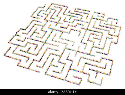 Crowd of small symbolic figures forming labyrinth shape, 3d illustration, horizontal, isolated, over white Stock Photo