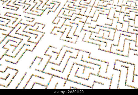 Crowd of small symbolic figures forming labyrinth shapes, 3d illustration, horizontal, isolated, over white Stock Photo