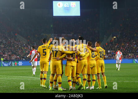 PRAGUE, CZECHIA - OCTOBER 23, 2019: Barcelona players celebrate after scored a goal during the UEFA Champions League game against Slavia Praha at Eden Arena in Prague. Barcelona won 2-1 Stock Photo