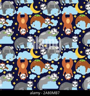 Seamless Vector Background with Sloths Sleeping on Clouds Stock Vector