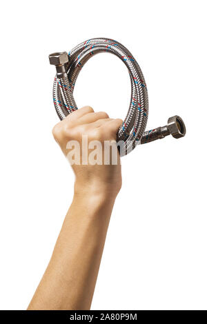 Raised up hand holds rolled up plumbing hose isolated on white background Stock Photo