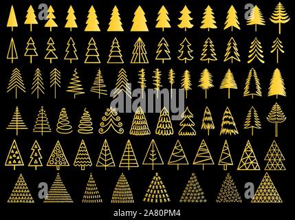 72 Christmas gold trees for modern cards, set of vector design elements Stock Vector