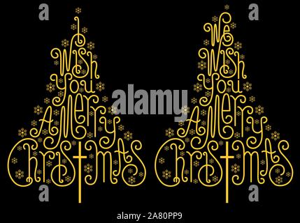 Gold Christmas trees with hand drawn letters and snowflakes, vector Stock Vector