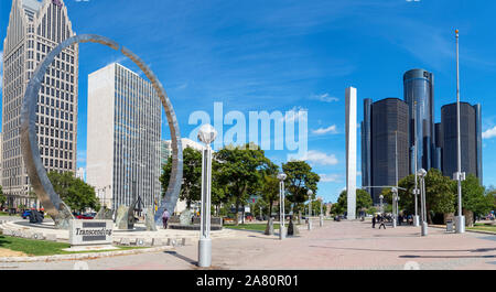 The downtown skyline and Renaissance Center viewed from Hart Plaza with the Transcending sculpture in the foreground, Detroit, Michigan, USA Stock Photo
