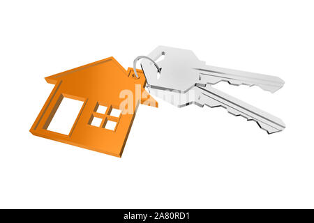 3D key ring with house hanger on white background Stock Photo
