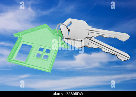 3D key ring with house pendant on sky background Stock Photo