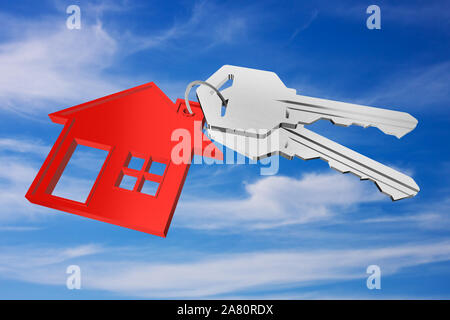 3D key ring with house pendant on sky background Stock Photo