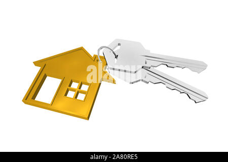 3D key ring with house hanger on white background Stock Photo
