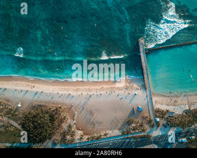 Aerial drone shot view of Waikiki beach in Honolulu in Hawaii in summer ...