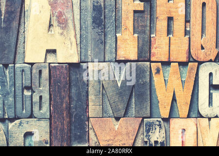 Detail of vintage wooden printing blocks with retro style processing. Stock Photo