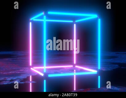 Neon lights, virtual reality, abstract background, cube portal, arch, pink blue spectrum vibrant colors, laser show. 3d rendering, glowing lines. Stock Photo