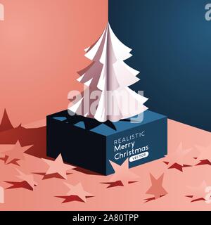A realistic vector paper cut christmas tree abstract concept decoration. Stock Vector