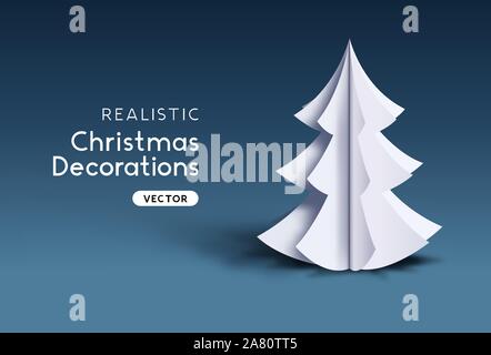 A Realistic festive vector paper 3D christmas tree object. Stock Vector