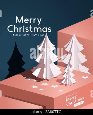 A realistic vector with paper cut christmas trees. Abstract winter background. Stock Vector