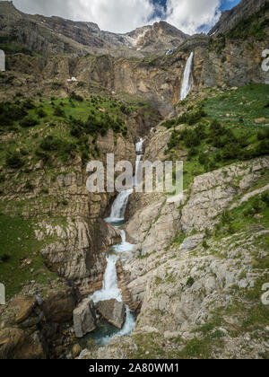 Waterfall and Monte Perdido in Pyrenees, Aragón, Spain. Cascada del Cinca. Stock Photo