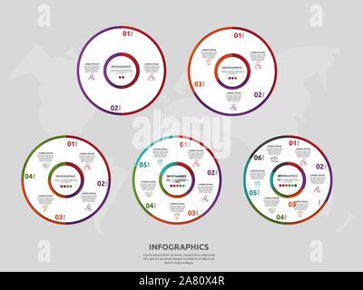 Vector template circle and sector infographics. Set business concept with 2, 3, 4, 5, 6. Used for content, flowchart, timeline, levels, marketing Stock Vector