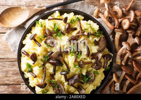 Forest  honey fungus mushrooms served with mashed potatoes close-up in a plate with ingredients on the table. Horizontal top view from above Stock Photo