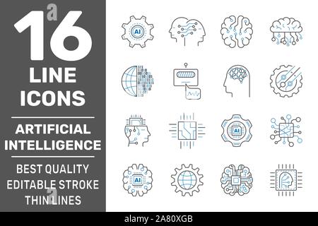 Artificial Intelligence Vector Line Icons Set. Cyber Brain, Face Recognition, Android, Humanoid Robot, Thinking Machine. Editable Stroke. EPS 10 Stock Vector