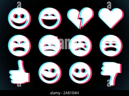 Emoji icons set with smiling face, thumbs up and heart with glitch style Stock Vector