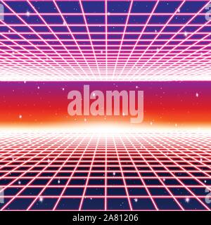 Retro neon background with 80s styled laser grid and stars Stock Vector