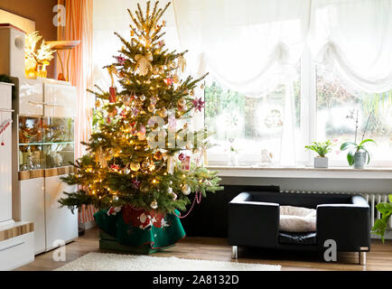 A decorated Christmas tree stands in a bright living room. White living room cupboard, white curtains. A leather couch for pets with a soft pillow. Stock Photo